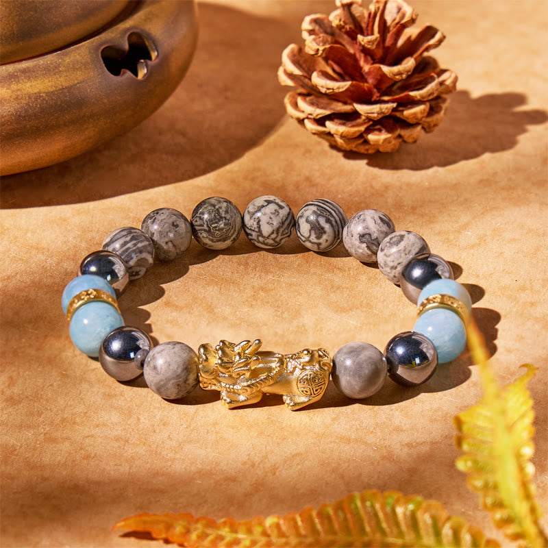 FuAttract Fortune & Wellness Bracelet – Pixiu + Terahertz Map Stone Combo - 10mm - image 0