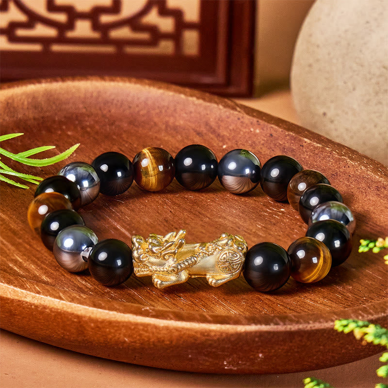 FuAttract Triple Guardian Bracelet – Pixiu + Tiger Eye, Terahertz & Black Obsidian - 10mm - image 0