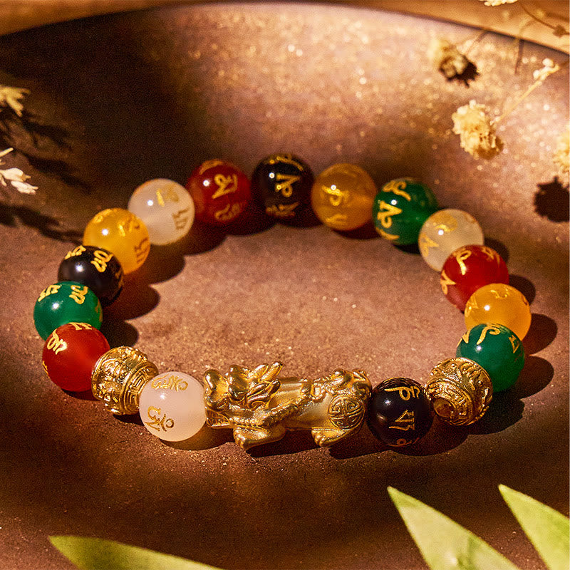 FuAttract Luck and Prosperity Multi-Color Agate Pixiu Bracelet with Om Mani Padme Hum Beads - 12mm - image 0