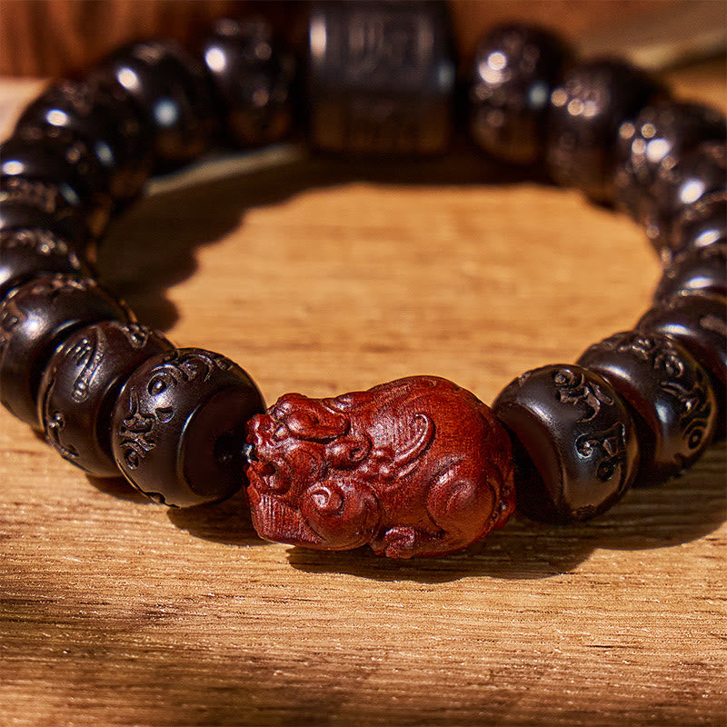 FuAttract Grounding & Luck – Lightning-Struck Jujube Wood Pixiu & Six-Word Mantra Bracelet - image 3