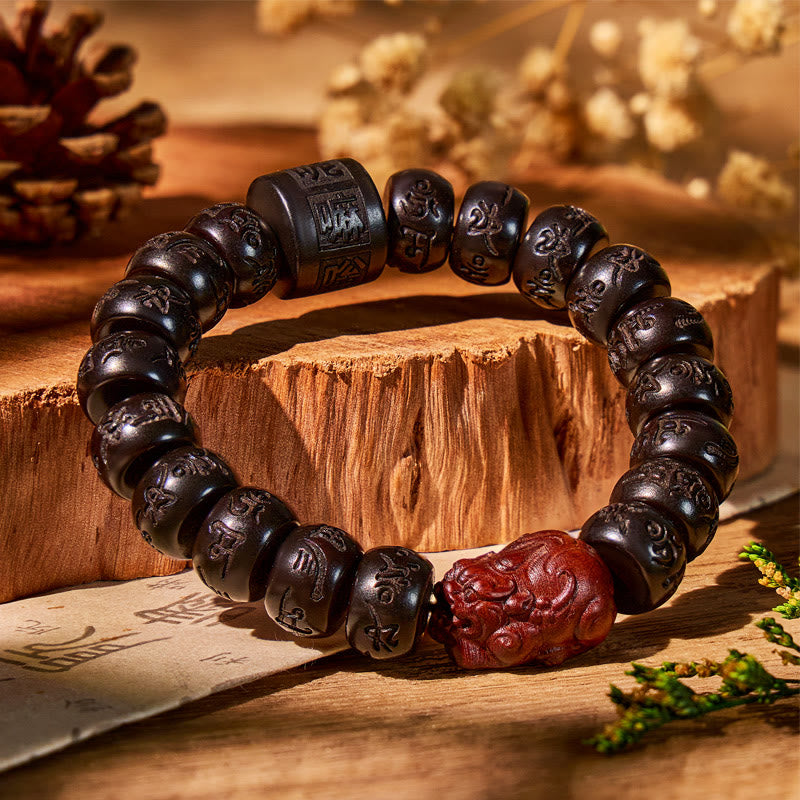 FuAttract Grounding & Luck – Lightning-Struck Jujube Wood Pixiu & Six-Word Mantra Bracelet - 13mm - image 0