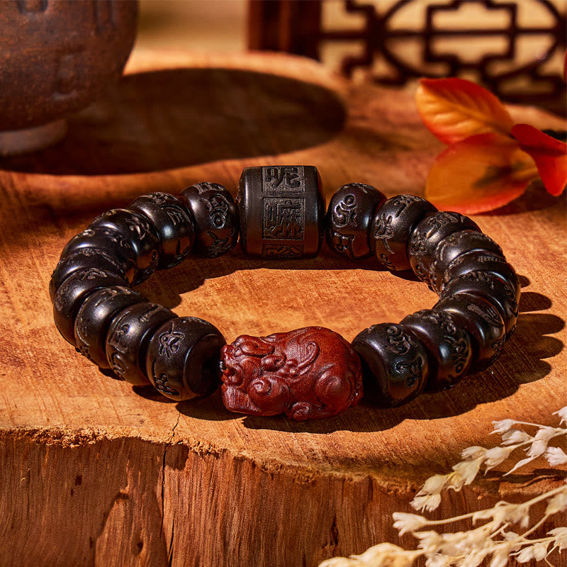 FuAttract Grounding & Luck – Lightning-Struck Jujube Wood Pixiu & Six-Word Mantra Bracelet - image 1