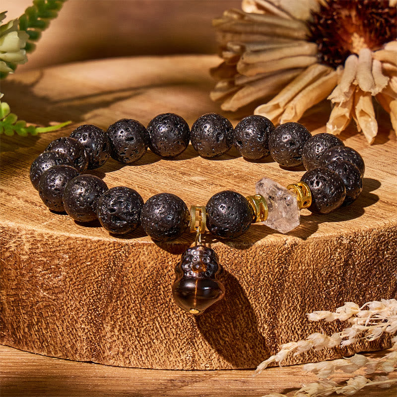 FuAttract Grounded Prosperity – Lava Rock Bracelet with Obsidian Pixiu & White Crystal Accents - 10mm - image 0