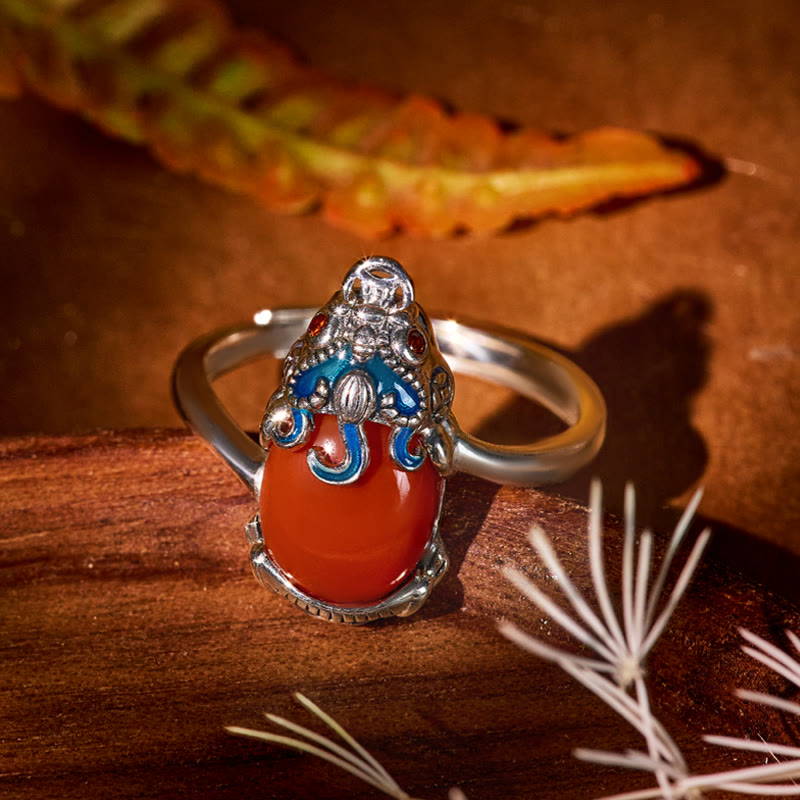 FuAttract Fortune Flow – Adjustable Sterling Silver Pixiu Ring with Rotating Coin Bead - South Red Agate+Silver - image 0