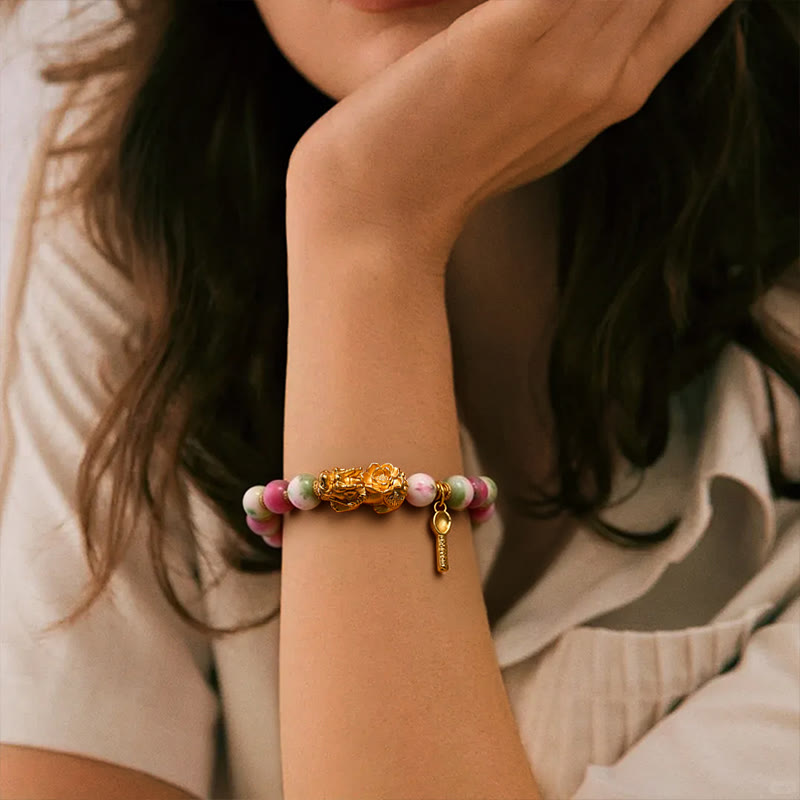FuAttract Wealth & Harmony – Pink-Green Persian Jade Lotus Pixiu Bracelet - image 4