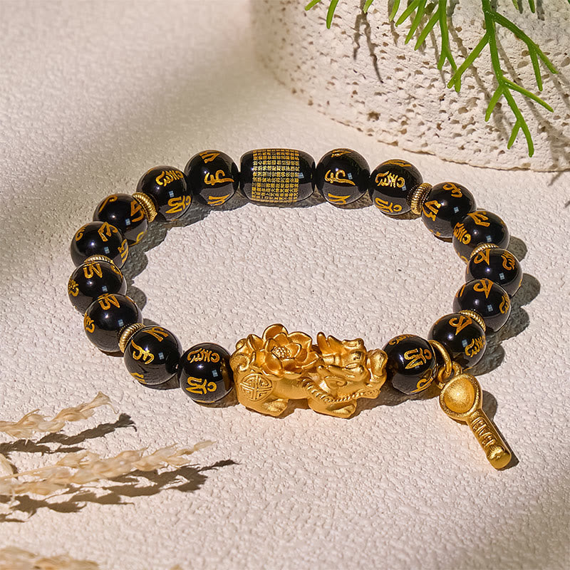 FuAttract Abundance & Protection Shielding Bracelet – Black Onyx Om Mani Padme Hum 999 Sterling Silver Lotus Pixiu - 9.1in/23cm - image 0