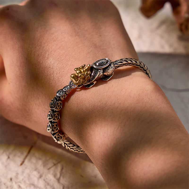 FuAttract Wealth Power Shield - Vintage Coin Pixiu Dragon Bone Sterling Silver Bracelet - image 7