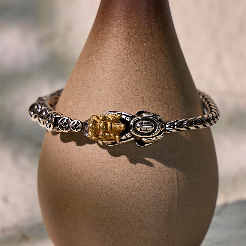 FuAttract Wealth Power Shield - Vintage Coin Pixiu Dragon Bone Sterling Silver Bracelet - image 2