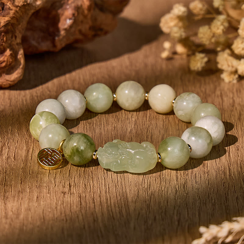 FuAttract Prosperity Guardian Spirit - Green Grape Serpentine Jade Pixiu Bracelet with Fu Charm - 12mm - image 0