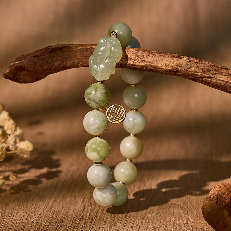 FuAttract Prosperity Guardian Spirit - Green Grape Serpentine Jade Pixiu Bracelet with Fu Charm - image 1