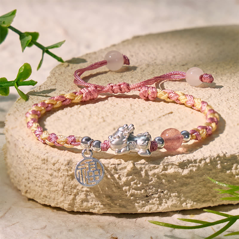 FuAttract Healing & Fortune Woven Rope Bracelet - Silver Pixiu with Stones - Pink-Strawberry Quartz with FU charm - image 10