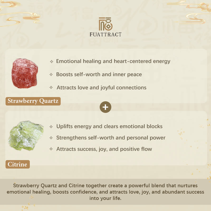 FuAttract Love & Abundance Energy - Strawberry Quartz Citrine FU Character Pixiu Bracelet - image 6