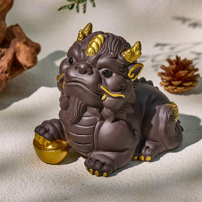 FuAttract Protection & Fortune Tea Pet — Purple Clay Pixiu Feng Shui Decor - Golden Gold Ingot - image 13