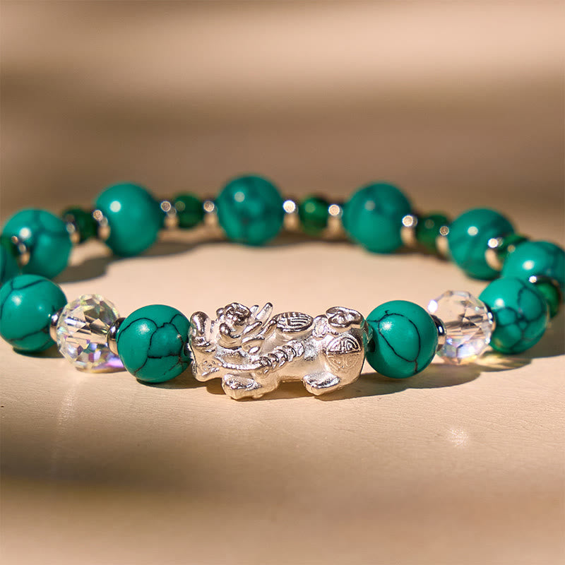 FuAttract Crystal Palaces of Heaven Healing Silver Pixiu Bracelet - Energy Channeled Quartz, Turquoise and Malachite - image 4
