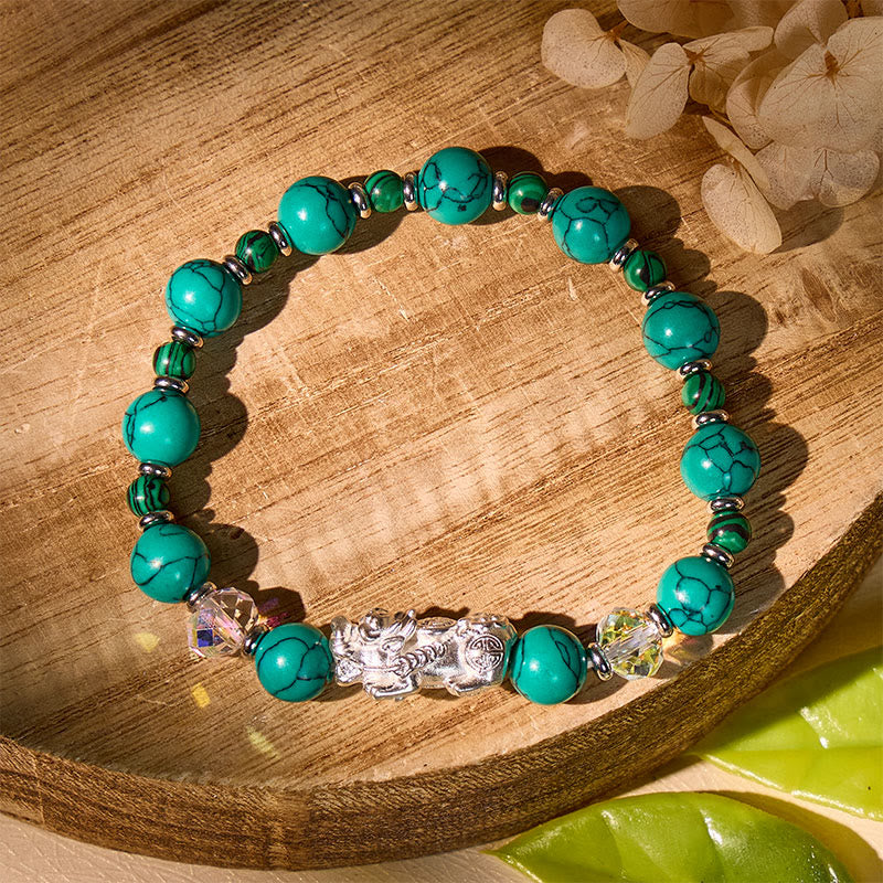 FuAttract Crystal Palaces of Heaven Healing Silver Pixiu Bracelet - Energy Channeled Quartz, Turquoise and Malachite - image 2