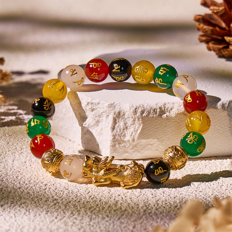 FuAttract Luck and Prosperity Multi-Color Agate Pixiu Bracelet with Om Mani Padme Hum Beads - image 1