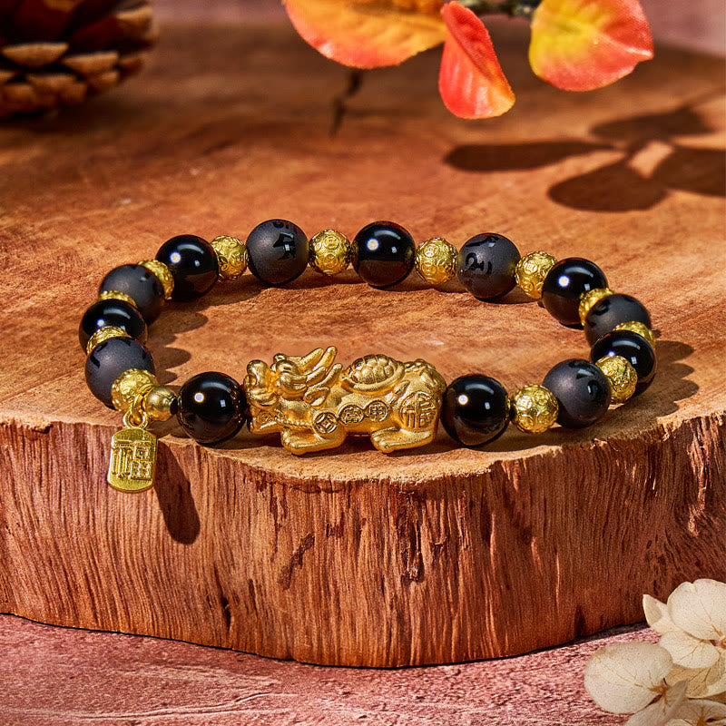 FuAttract Feng Shui Sterling Silver Pi Xiu Bracelet with Matte Black Onyx Fu Charm - 8mm - image 0