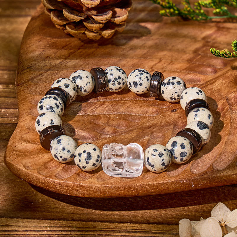 FuAttract Luck & Energy Balance Dalmatian Jasper Bracelet with Clear Quartz Pixiu - 10mm - image 0