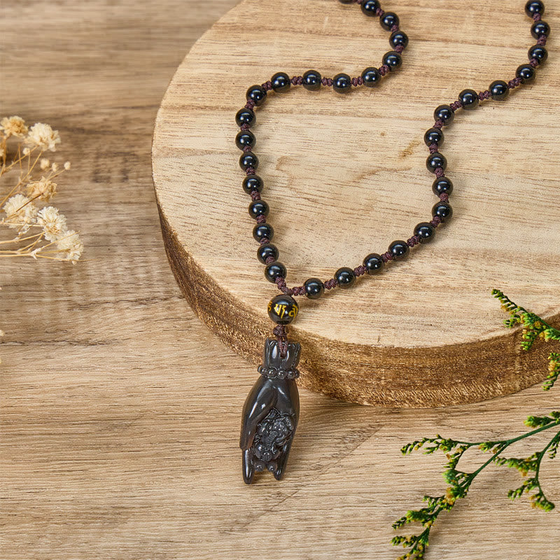 FuAttract Wealth Protection Amulet – Hand Holding Pixiu in Black Obsidian Beads Necklace - image 8