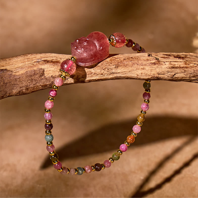 FuAttract Romance & Wealth Energy Bracelet – Pixiu + Strawberry Quartz & Tourmaline - image 1