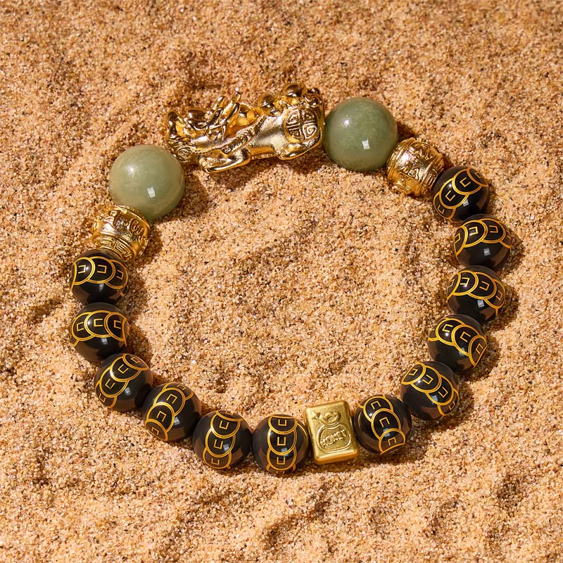FuAttract Protection & Prosperity Bracelet – Black Onyx Lucky Coin Mantra Beads & Jade - Coin Beads - image 0
