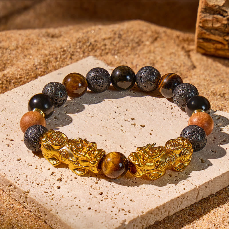 FuAttract Protection & Wealth Bracelet – Pixiu + Tiger Eye, Lava & Obsidian - 10mm - image 0