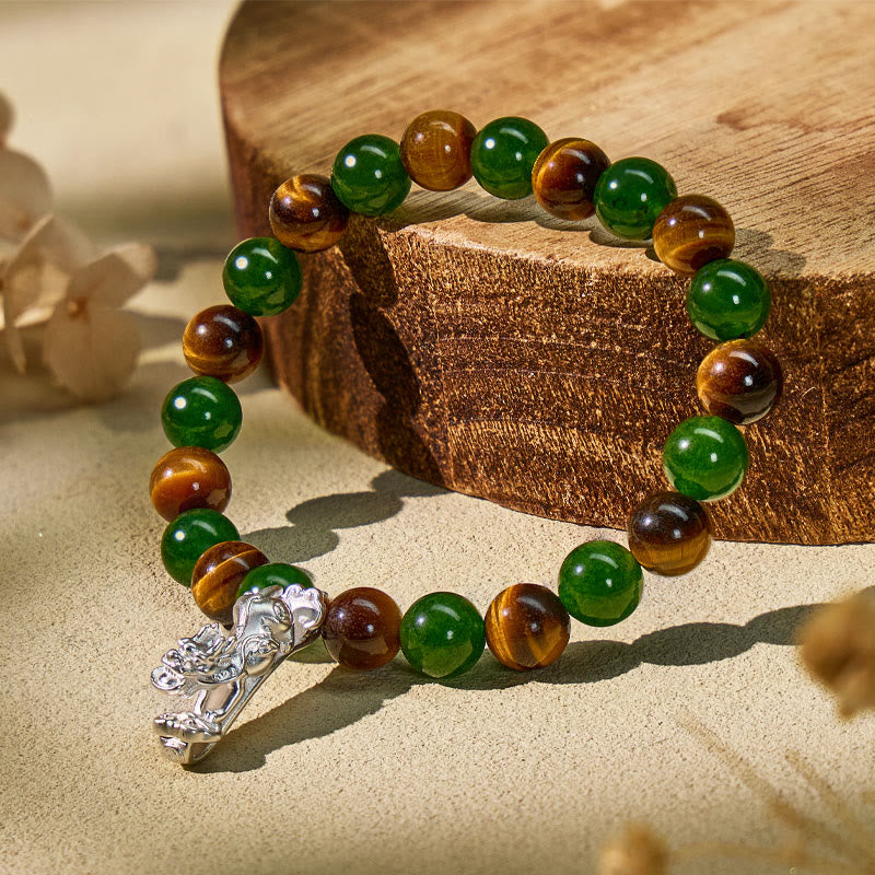 FuAttract Feng Shui Wealth Bracelet with Sterling Silver Pixiu – Tiger's Eye & Green Chalcedony - 8mm - image 0
