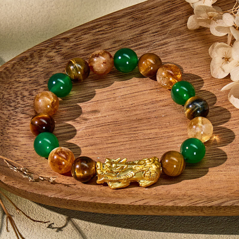FuAttract Abundance & Prosperity Bracelet with Pixiu Tiger Eye, Green Agate & Citrine Pyramid - 10mm - image 0