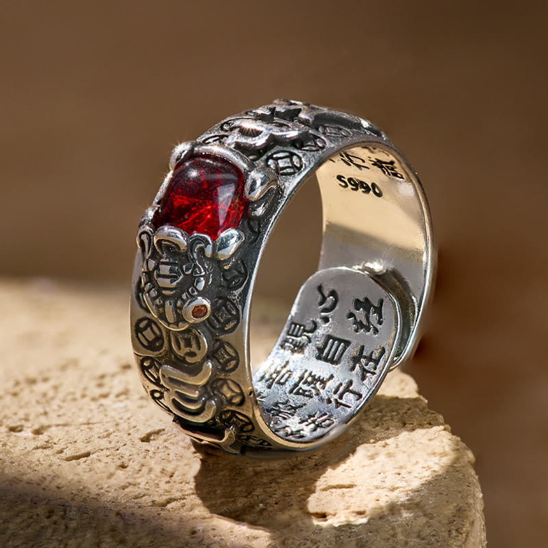 FREE Today: Wealth & Protection Garnet Pixiu Blessing Mantra Ring - Silver - image 0