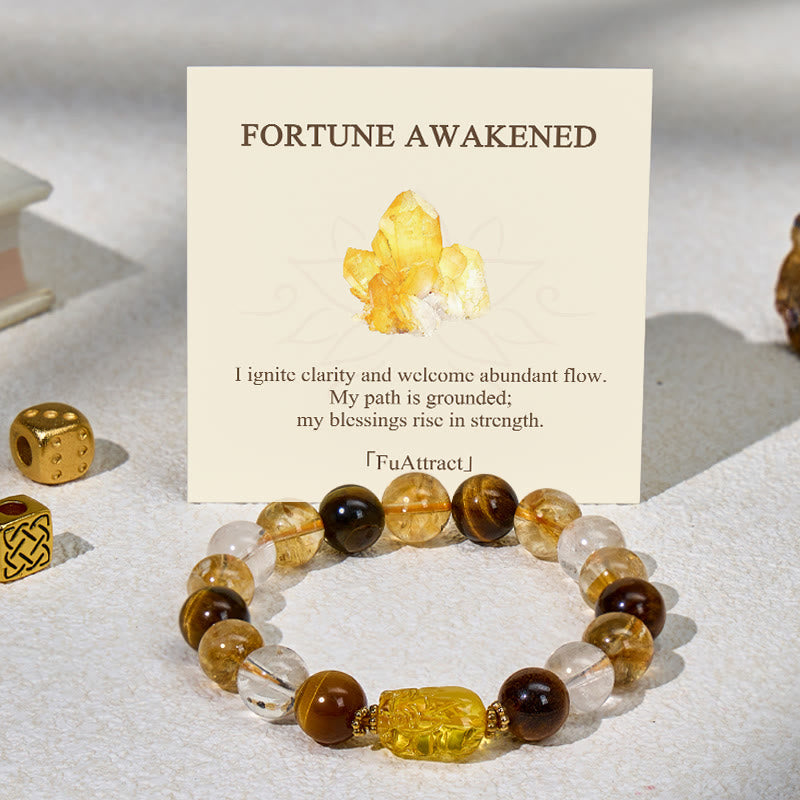 FuAttract Fortune Guardian - Natural Tiger's Eye Citrine Beaded Pixiu Bracelet - Tiger's Eye&Citrine - image 0