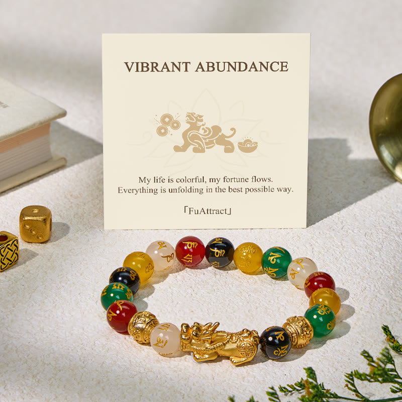 FuAttract Luck and Prosperity Multi-Color Agate Pixiu Bracelet with Om Mani Padme Hum Beads - 10mm - image 0