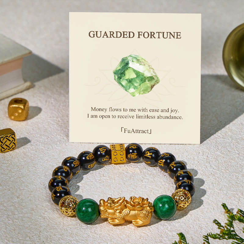FuAttract Wealth Guardian – Obsidian Six-Word Mantra Pixiu Bracelet - Pixiu+Om Mani Mantra - image 0