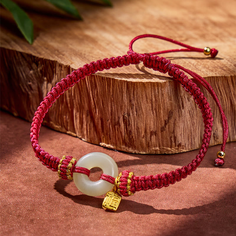FuAttract Protection & Blessing Hetian Jade Ping An Buckle Red String Bracelet - Dark Red - image 7