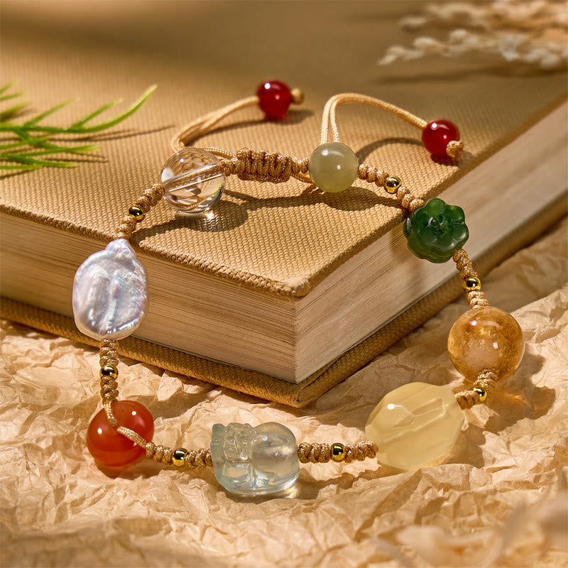 FuAttract Multi-Gemstone Pixiu Bracelet – Clear Quartz, Pearl, Jade & Citrine for Luck - Aquamarine Pixiu - image 0