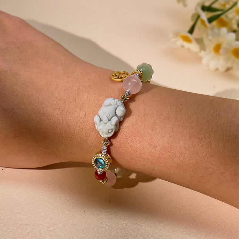 FuAttract Romance & Fortune Jade Pixiu Charm Bracelet – Rose Quartz, Pearl & Prehnite - image 3