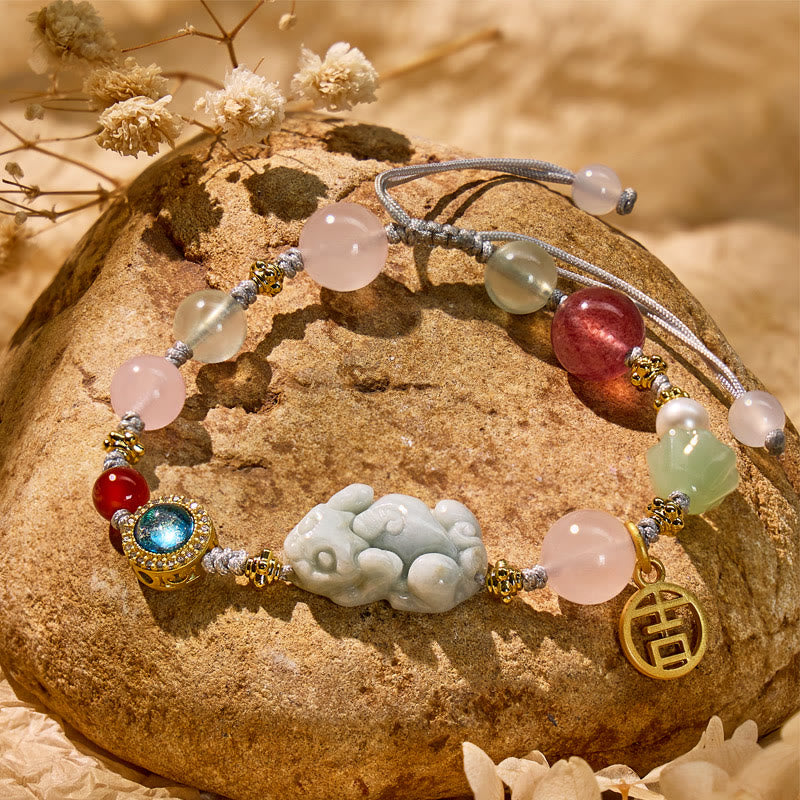 FuAttract Romance & Fortune Jade Pixiu Charm Bracelet – Rose Quartz, Pearl & Prehnite - image 2