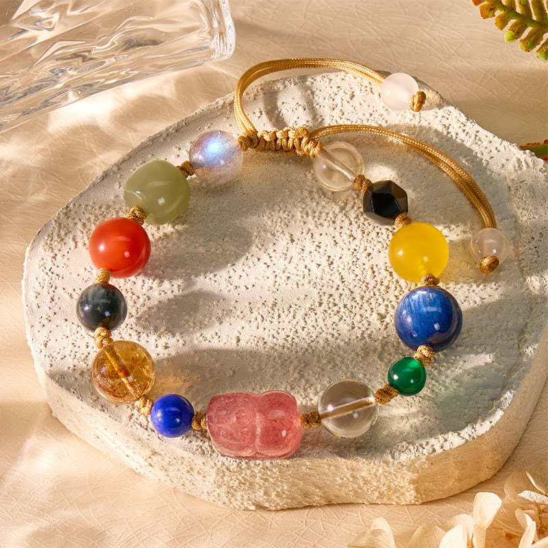 FuAttract Protection & Prosperity Bracelet – Pixiu with Multi-Gemstone, Black Obsidian & Moonstone - Strawberry Quartz Pixiu - image 0