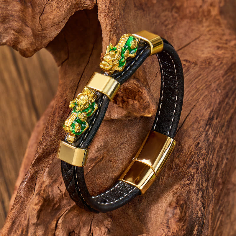 FuAttract Success & Protection Double Pixiu on Black Leather Bracelet - Green - 23cm - image 16