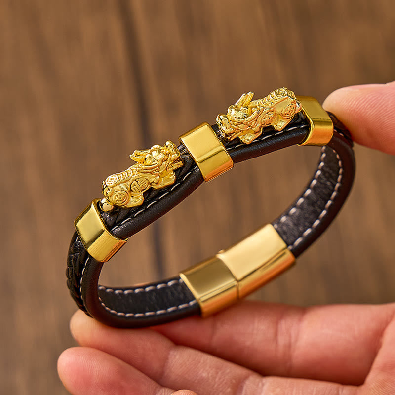 FuAttract Success & Protection Double Pixiu on Black Leather Bracelet - image 3