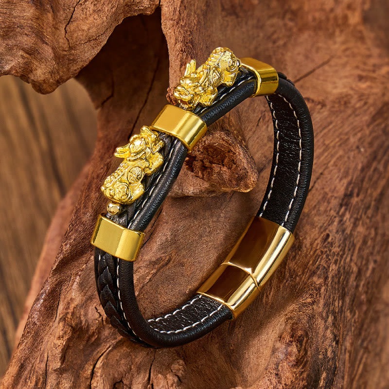 FuAttract Success & Protection Double Pixiu on Black Leather Bracelet - Gold - 23cm - image 0