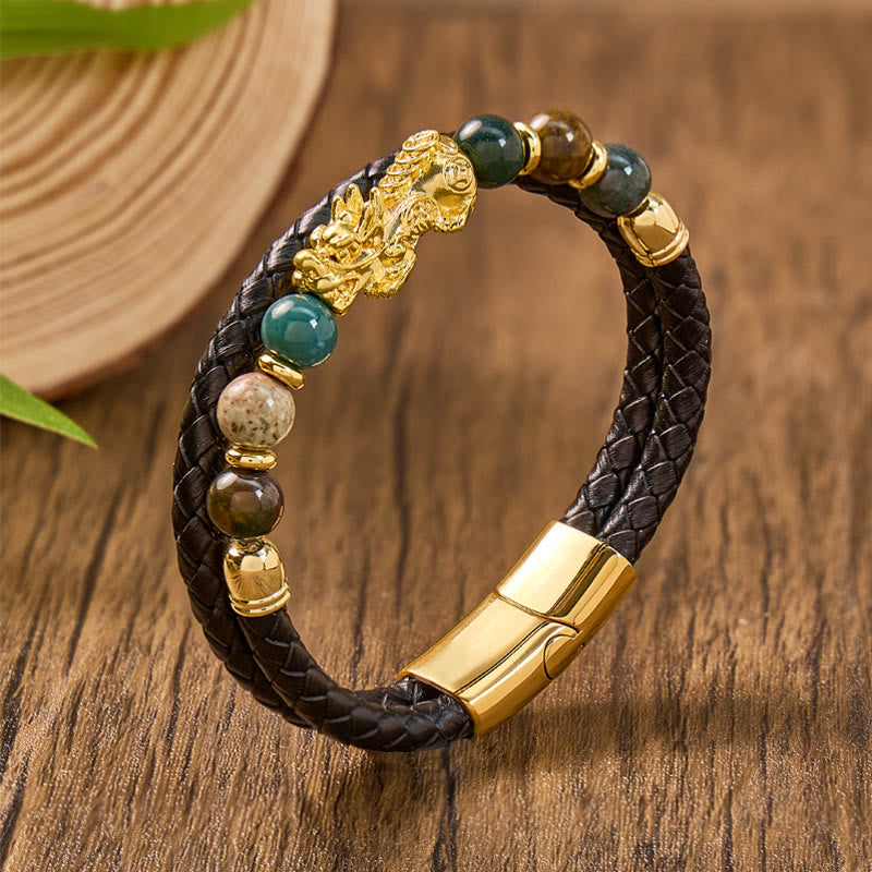 FuAttract Protection & Prosperity Bracelet – Pixiu with Agate Beads on Braided Leather - Gold - 23cm - image 0