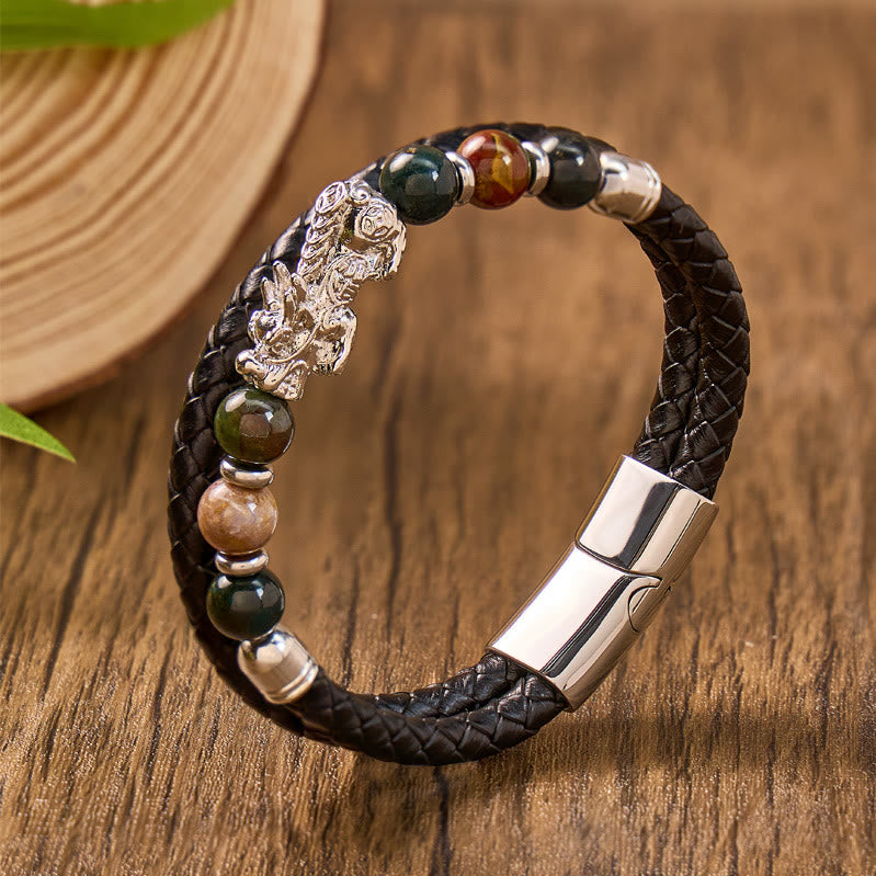 FuAttract Protection & Prosperity Bracelet – Pixiu with Agate Beads on Braided Leather - Silver - 23cm - image 9