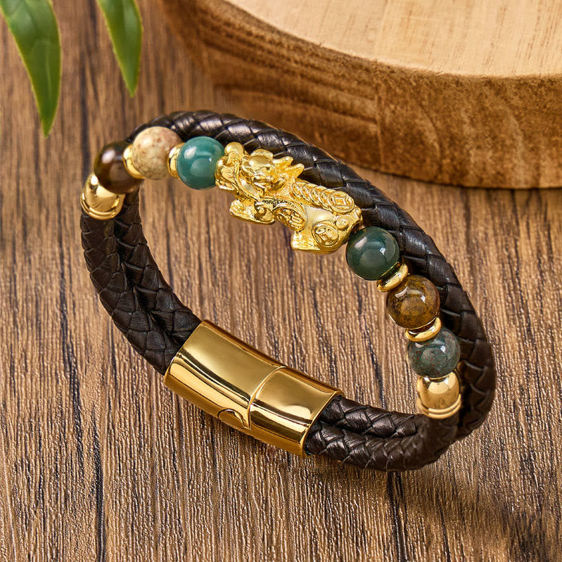FuAttract Protection & Prosperity Bracelet – Pixiu with Agate Beads on Braided Leather - image 2