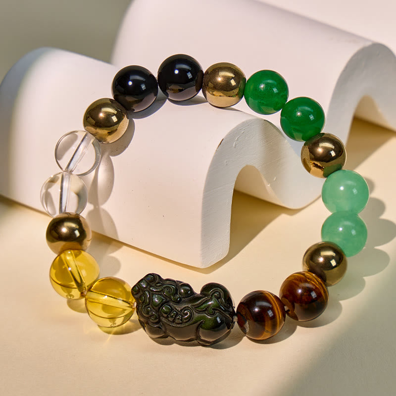 FuAttract Wealth & Protection Pixiu Bracelet – Obsidian, Tiger Eye & Pyrite Energy Stones - 10mm - image 0