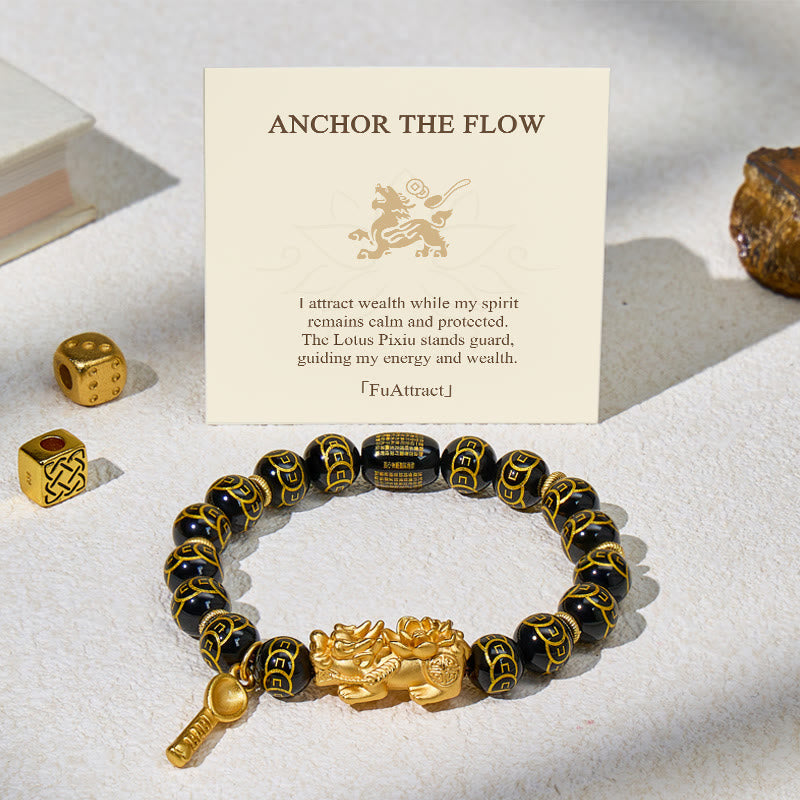 FuAttract Abundance & Energy Shielding Bracelet – Black Onyx 999 Sterling Silver Lotus Pixiu - 9.1in/23cm - Coin Beads - image 0