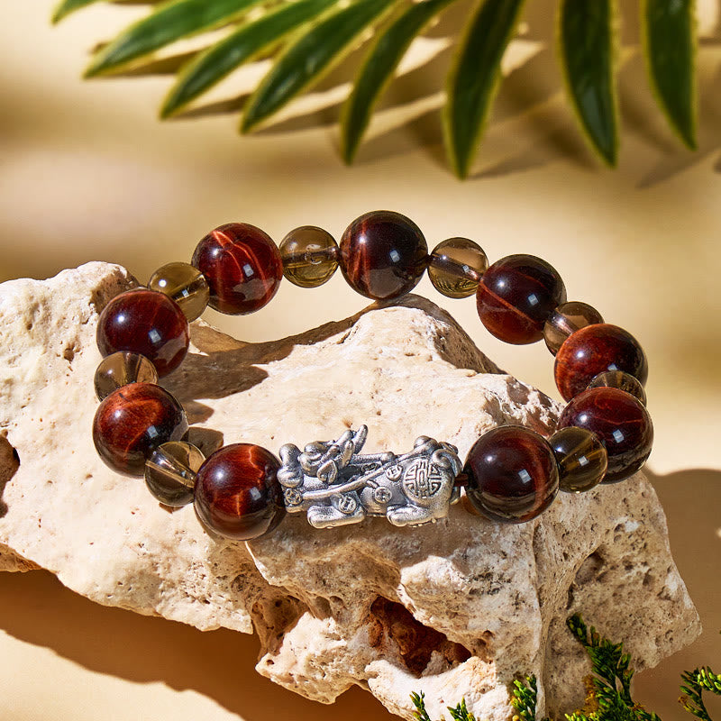 FuAttract Wealth Success Tiger's Eye & Ice Obsidian Silver Pixiu Bracelet - image 9