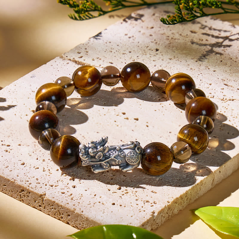 FuAttract Wealth Success Tiger's Eye & Ice Obsidian Silver Pixiu Bracelet - image 1