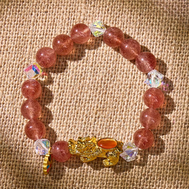 FuAttract Love Luck & Abundance – Strawberry Quartz Energy Bracelet with Pixiu & Sunflower Charm - image 2
