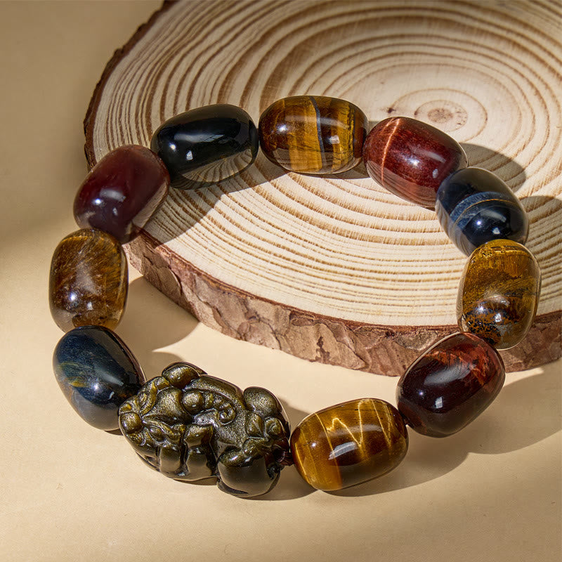 FuAttract Guardian Protection Bracelet – Tricolor Tiger's Eye & Golden Obsidian Pixiu - image 0