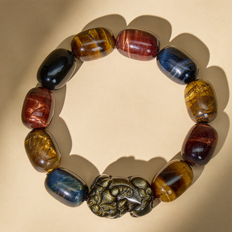 FuAttract Guardian Protection Bracelet – Tricolor Tiger's Eye & Golden Obsidian Pixiu - Tri-Color Tiger’s Eye - image 1
